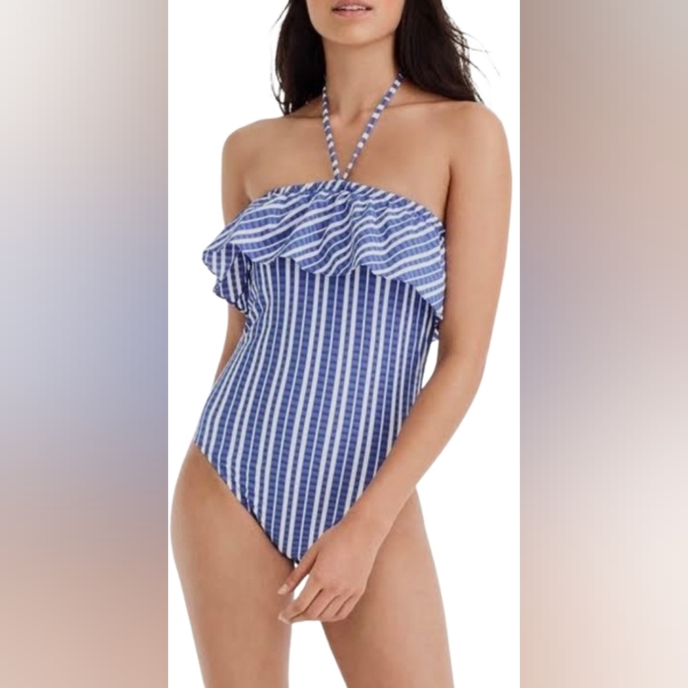 NWT Puckered Stripe Ruffle One-piece Swimsuit In Cobalt Sea Ivory Size 2